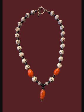 925 Sterling Clasp Dalmatian Red Jasper Black Onyx Bead Chunky Necklace 21"